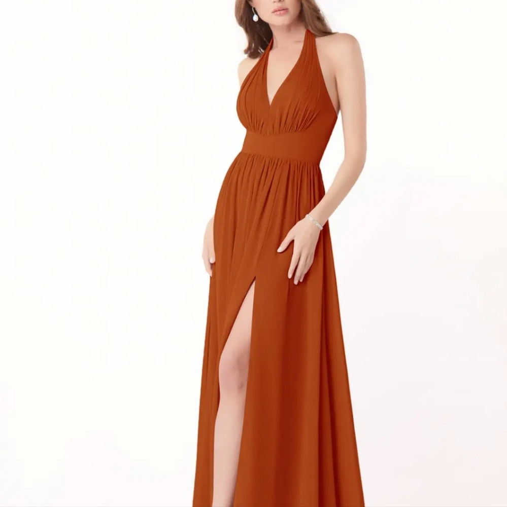 Azazie Gianni Paprika Long Flowy Pleated Sleeveless A Line Chiffon Dress Size A4